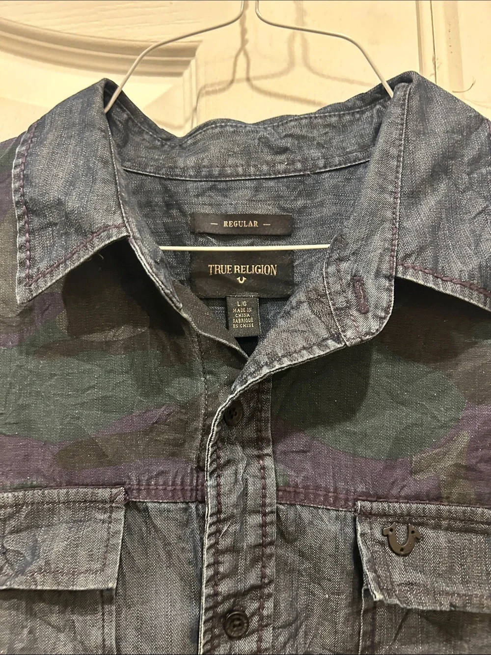 True Religion Blue Denim Shirt Jacket with Camouflage Yoke